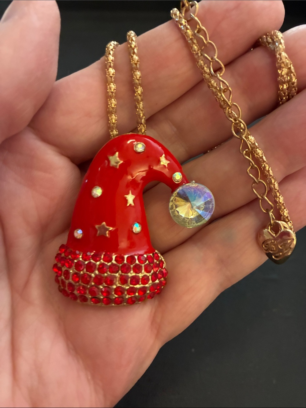 Gold-Chain Red Santa Hat Pendant Necklace with Crystal Accent